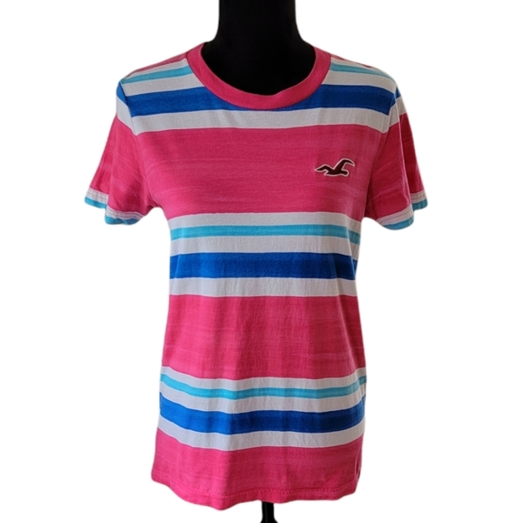 Vintage Women's Y2K 00's Hollister Pink Striped Classic Tee - Picture 1 of 8